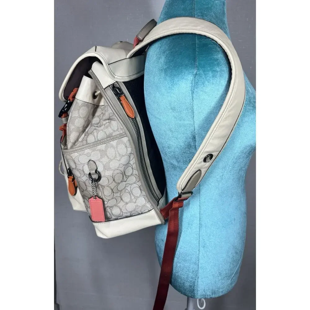 Coach League Flap Backpack Signature Jacquard Stone Ivory Leather Academia Rare